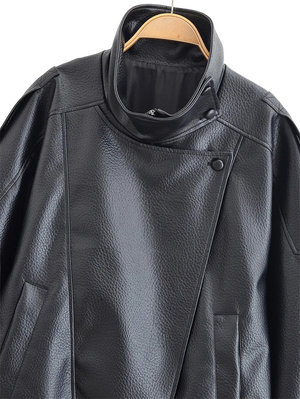 Style yourself in this oversized black leather jacket, featuring a chic high collar and elasticated hem for a sophisticated yet edgy streetwear look.