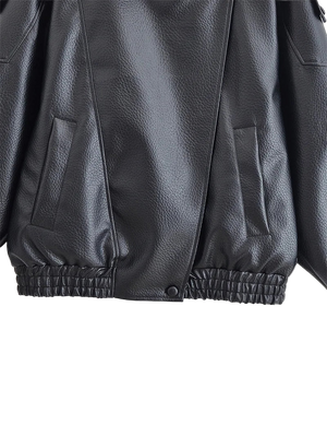 Style yourself in this oversized black leather jacket, featuring a chic high collar and elasticated hem for a sophisticated yet edgy streetwear look.