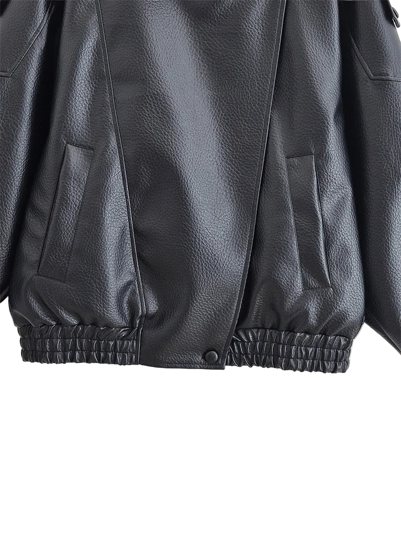 Style yourself in this oversized black leather jacket, featuring a chic high collar and elasticated hem for a sophisticated yet edgy streetwear look.