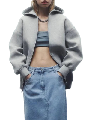 Upgrade your casual wardrobe with this oversized grey zip-up hoodie, featuring a relaxed drop-shoulder fit and ultra-soft fabric for effortless everyday style.