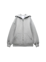 Upgrade your casual wardrobe with this oversized grey zip-up hoodie, featuring a relaxed drop-shoulder fit and ultra-soft fabric for effortless everyday style.