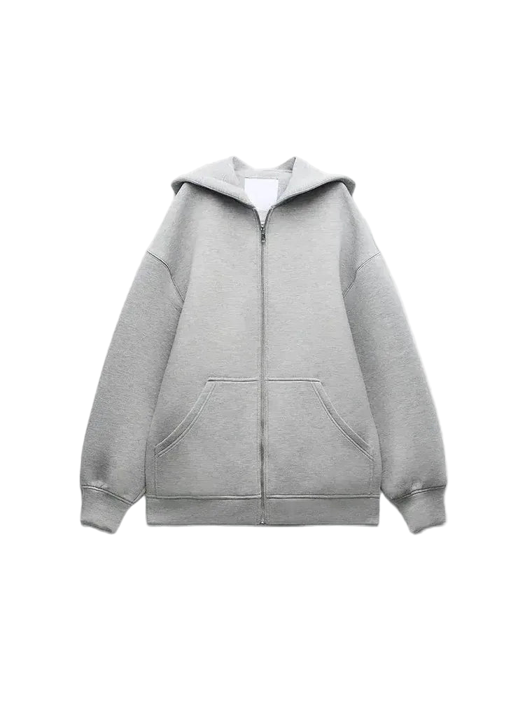 Upgrade your casual wardrobe with this oversized grey zip-up hoodie, featuring a relaxed drop-shoulder fit and ultra-soft fabric for effortless everyday style.