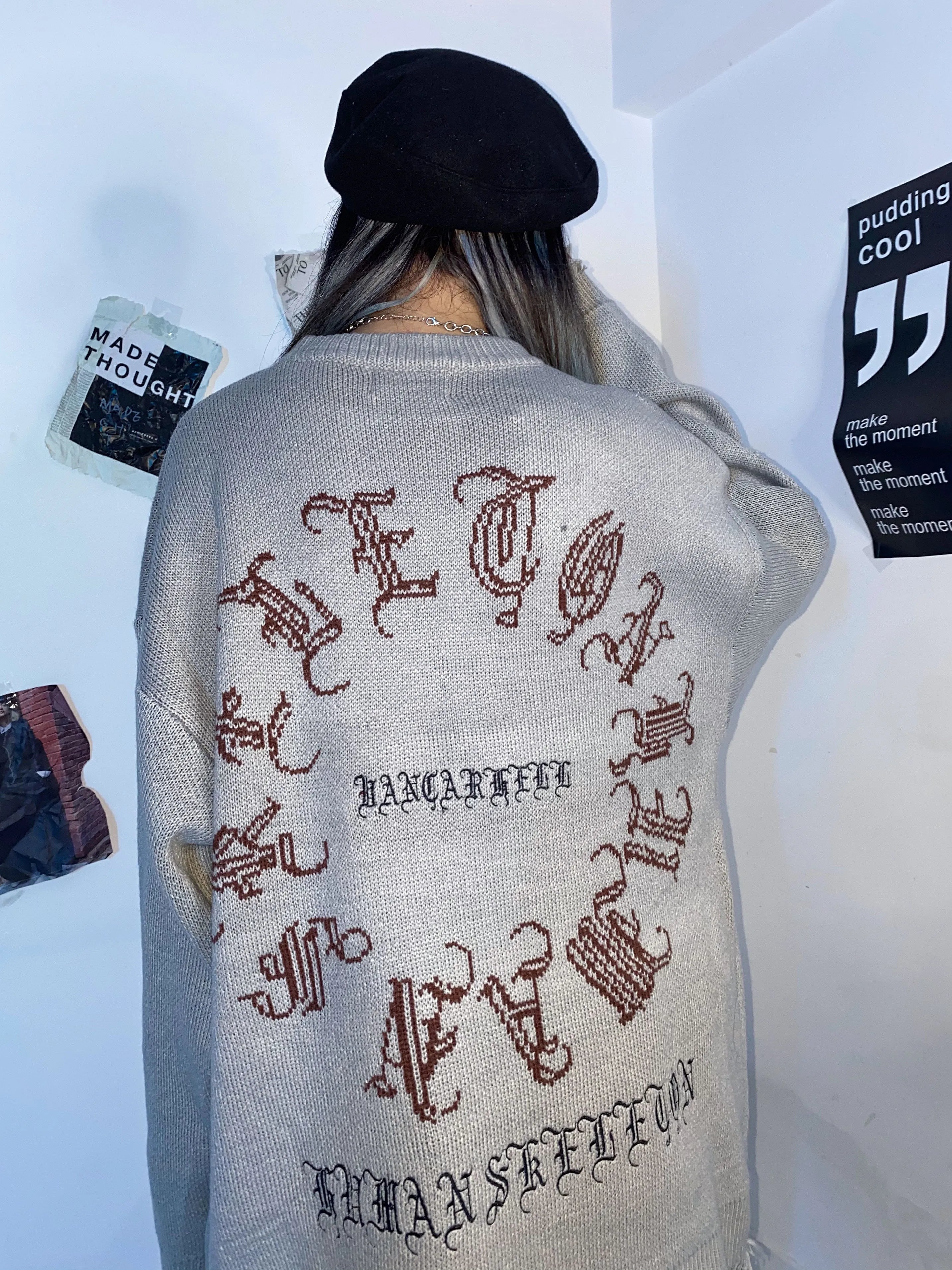 Gothic Letter Bat Skeleton Print Sweater