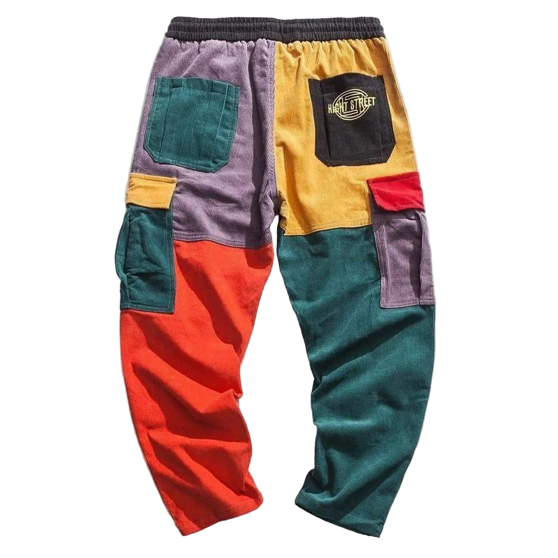Colorful patchwork pants with a brand logo on a white background