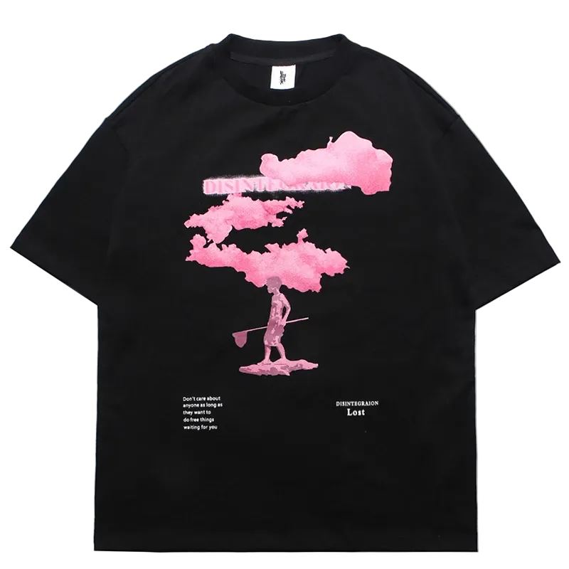 Black t-shirt with pink cloud and person graphic design on a white background