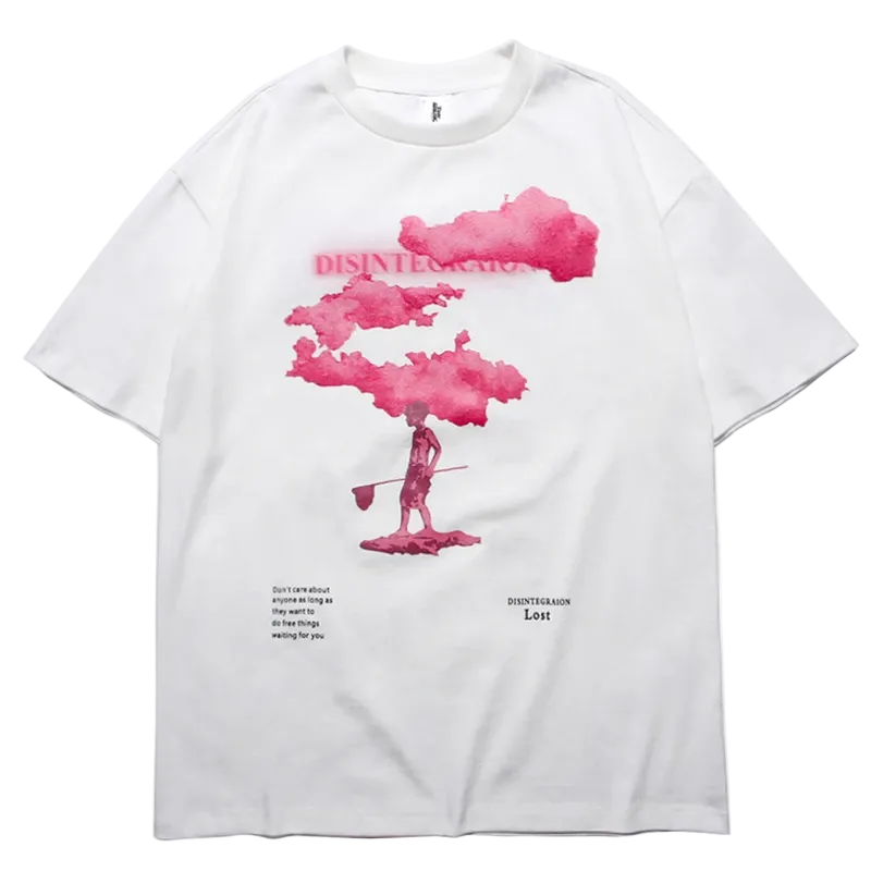 White t-shirt with pink cloud design and text on a white background