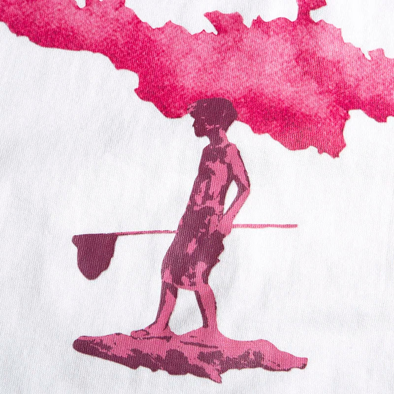Silhouette of a person with a paddle against a pink watercolor background