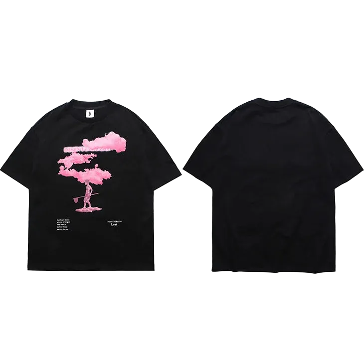 Black t-shirt with pink graphic design on a white background