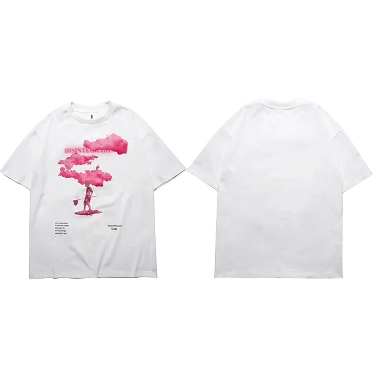 White t-shirt with a graphic design of a person holding a pink cloud and a mushroom cloud on a white background.