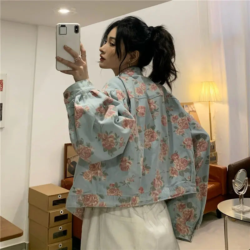 Women Versatile Sweet Floral Denim Jacket