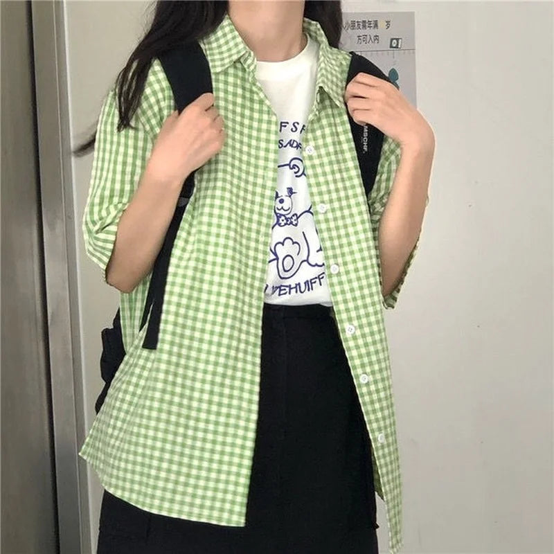 Chemise à carreaux preppy pour femme, style minimaliste chic