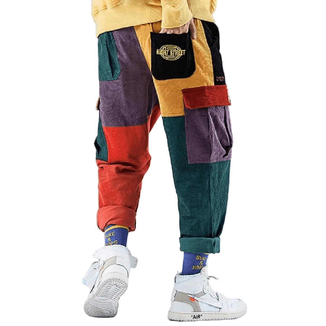 Colorful patchwork pants with a brand logo on a white background