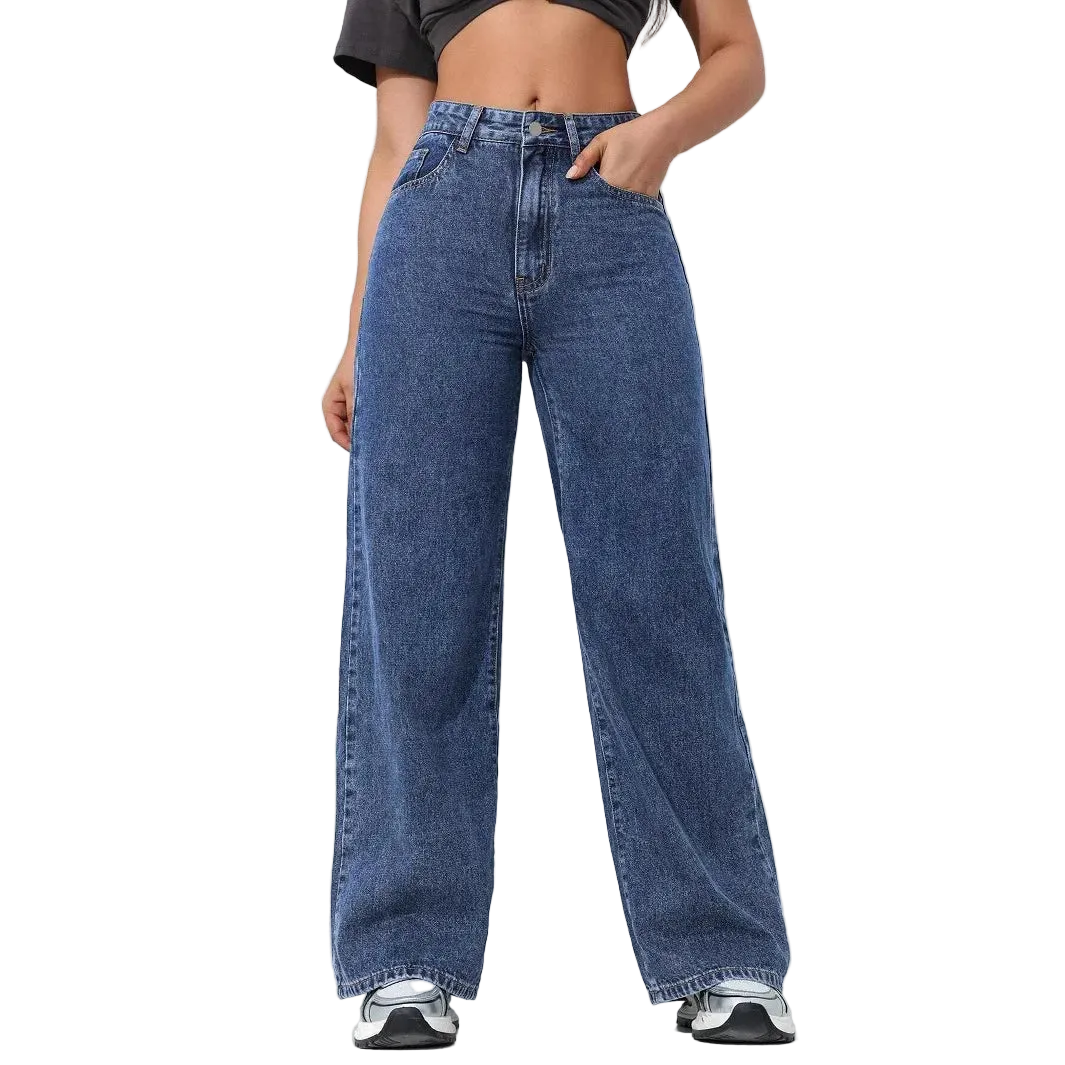 Person wearing blue jeans against a white background
