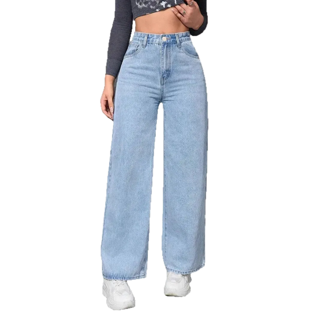 Light blue jeans worn by a person on a white background