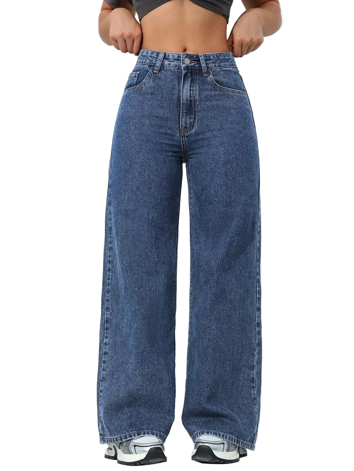 Person wearing blue wide-leg jeans against a white background