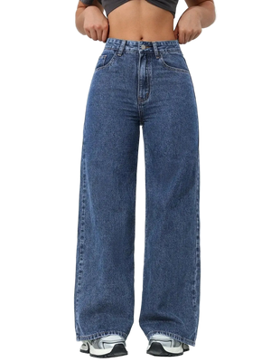 Person wearing blue wide-leg jeans against a white background