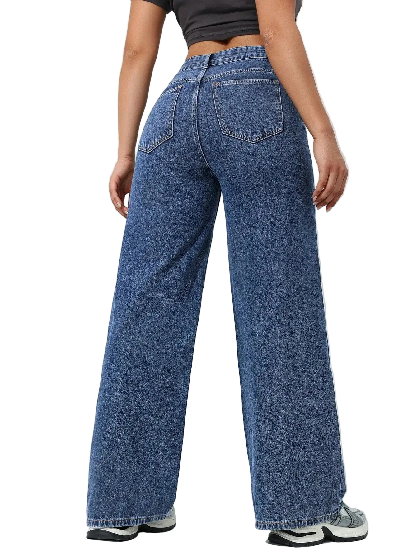 Person wearing blue wide-leg jeans against a white background