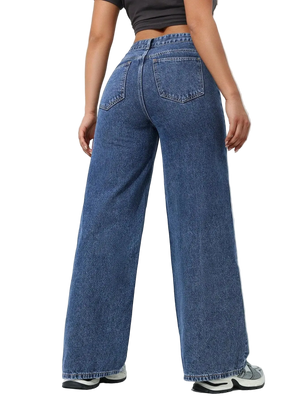 Person wearing blue wide-leg jeans against a white background