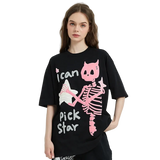 Person wearing a black t-shirt with a pink skeleton design and text on a white background
