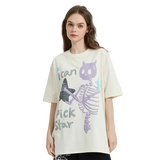 Woman wearing a cream t-shirt with a graphic design on a white background