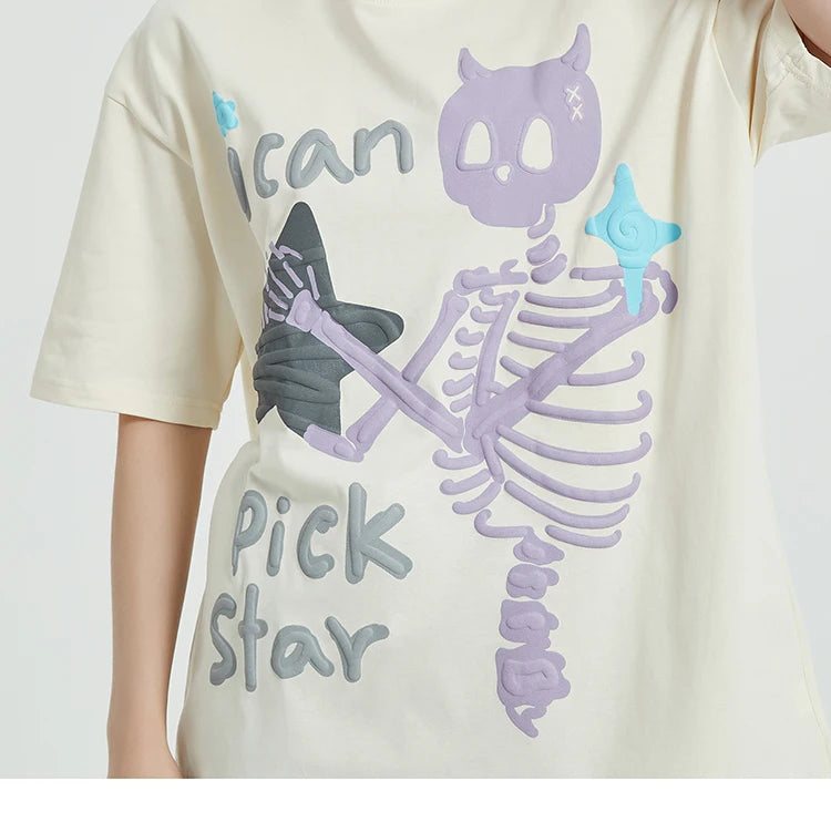 T-shirt with a skeleton design and text on a plain background
