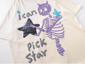 T-shirt with skeleton design and text on a plain background
