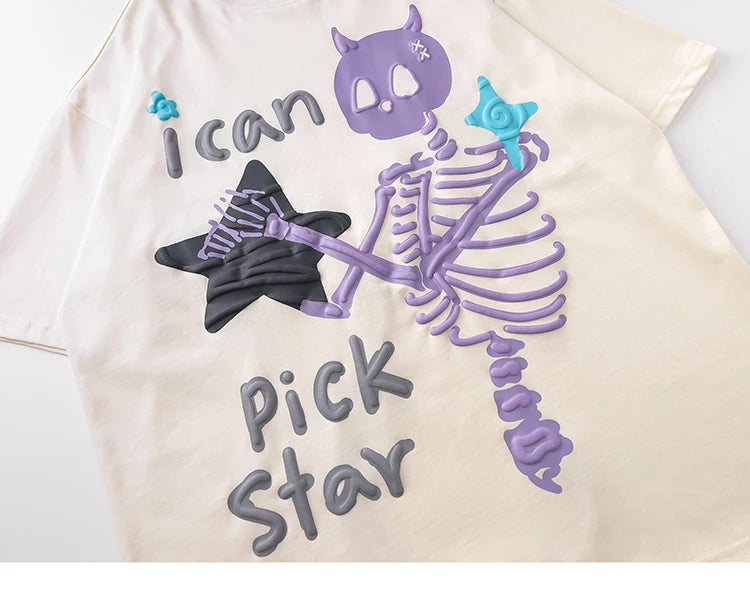 T-shirt with skeleton design and text on a plain background