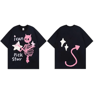 Two black t-shirts with pink skeleton and star design on a white background