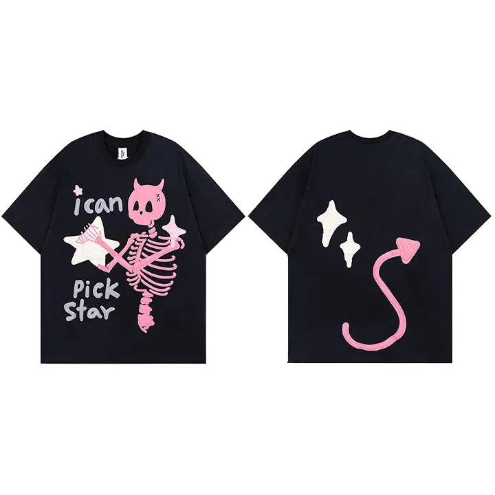 Two black t-shirts with pink skeleton and star design on a white background