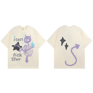 Two cream-colored t-shirts with star-themed graphics and text on a white background