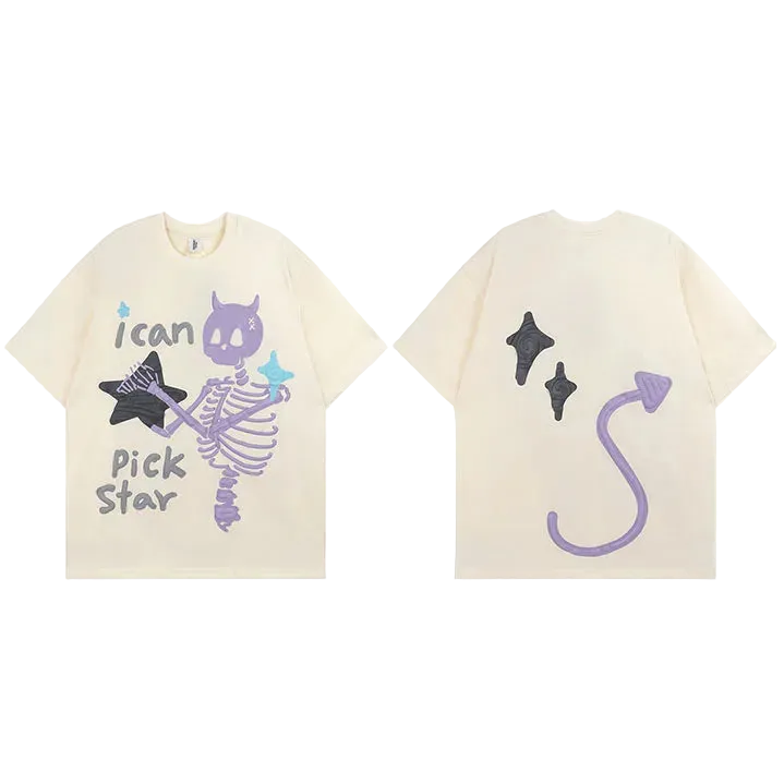 Two cream-colored t-shirts with star-themed graphics and text on a white background
