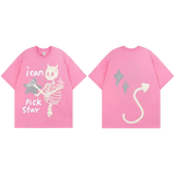 Pink t-shirt with skeleton design and text on front, and star and arrow design on back.