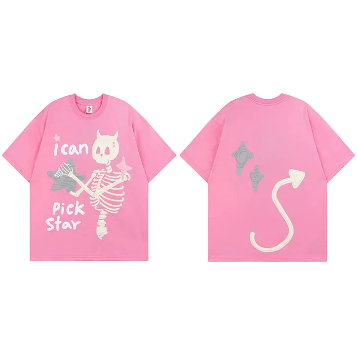 Pink t-shirt with skeleton design and text on front, and star and arrow design on back.