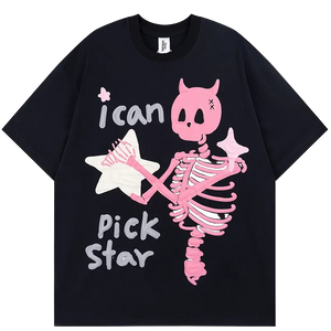 Black t-shirt with pink skeleton and text design on a white background