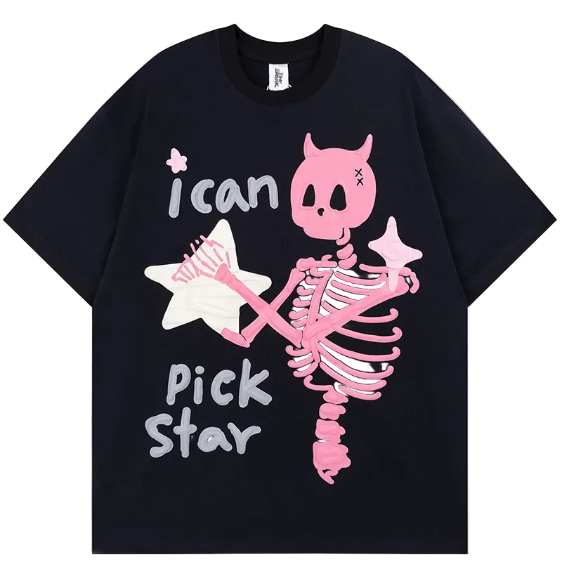 Black t-shirt with pink skeleton and text design on a white background