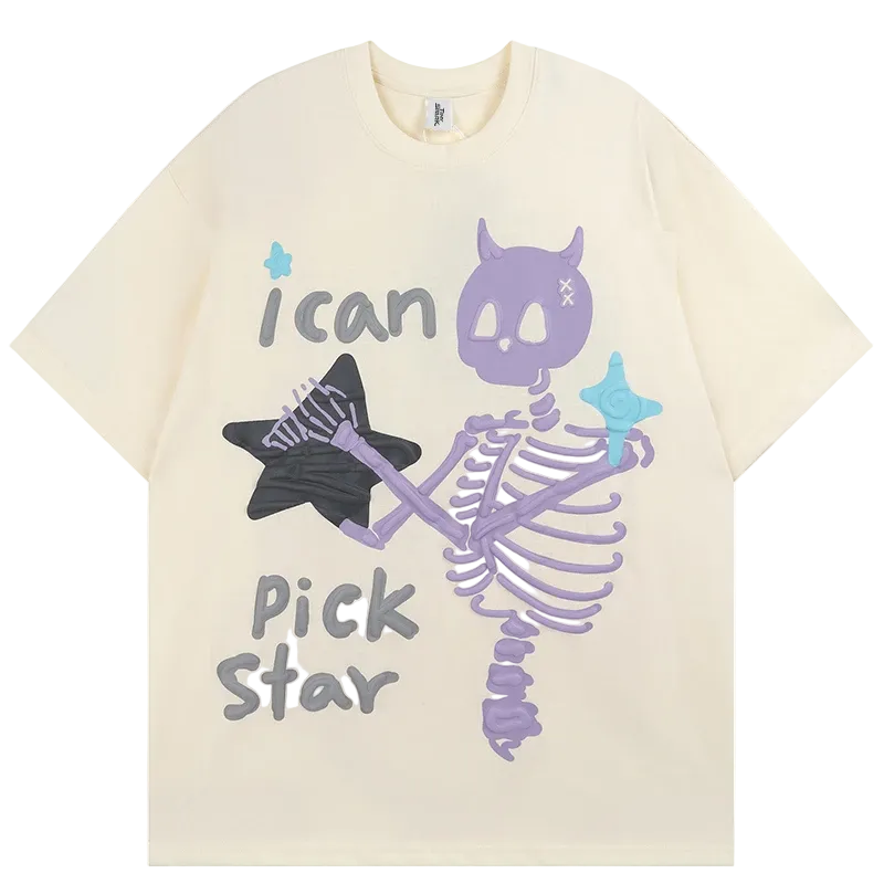 Beige t-shirt with a purple skeleton and star graphic and text on a white background