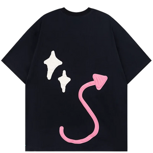 Black t-shirt with white star designs and a pink flamingo on a white background