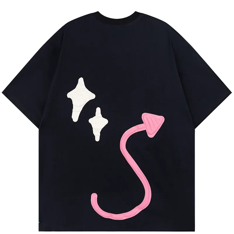 Black t-shirt with white star designs and a pink flamingo on a white background