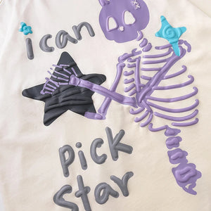 Skeletal design with text on a white background