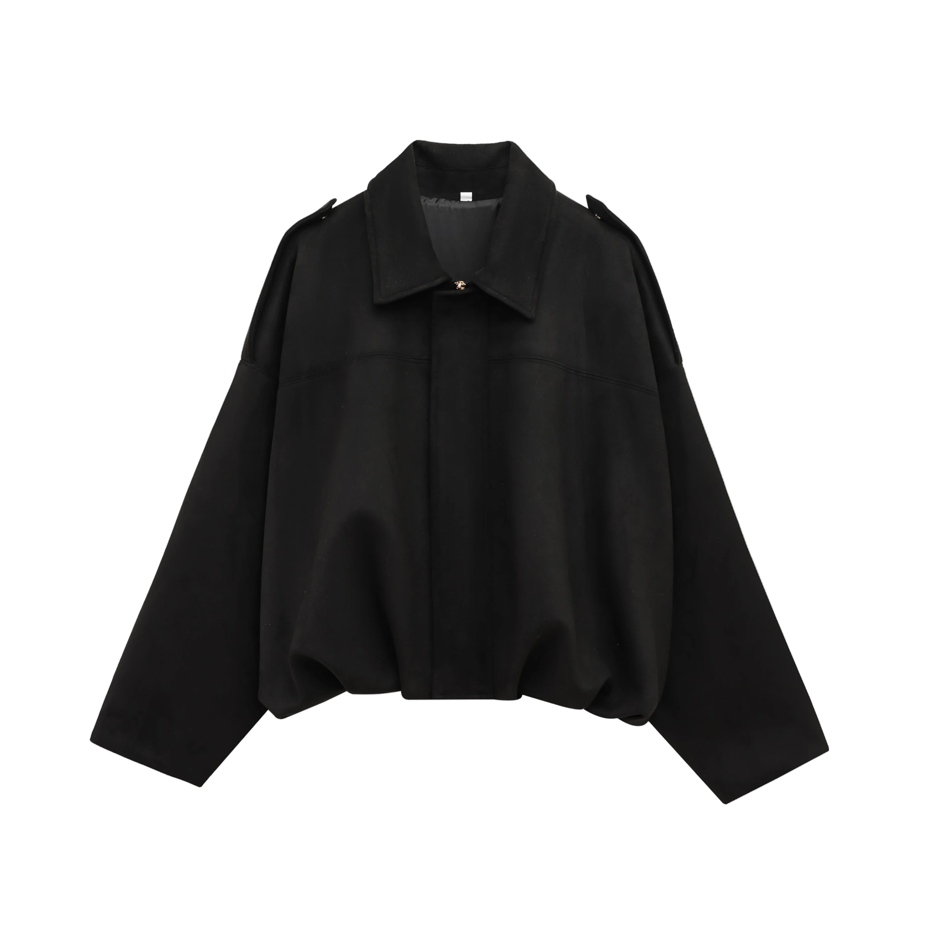 Effortlessly chic and oversized black bomber jacket with sophisticated collar and epaulet details.