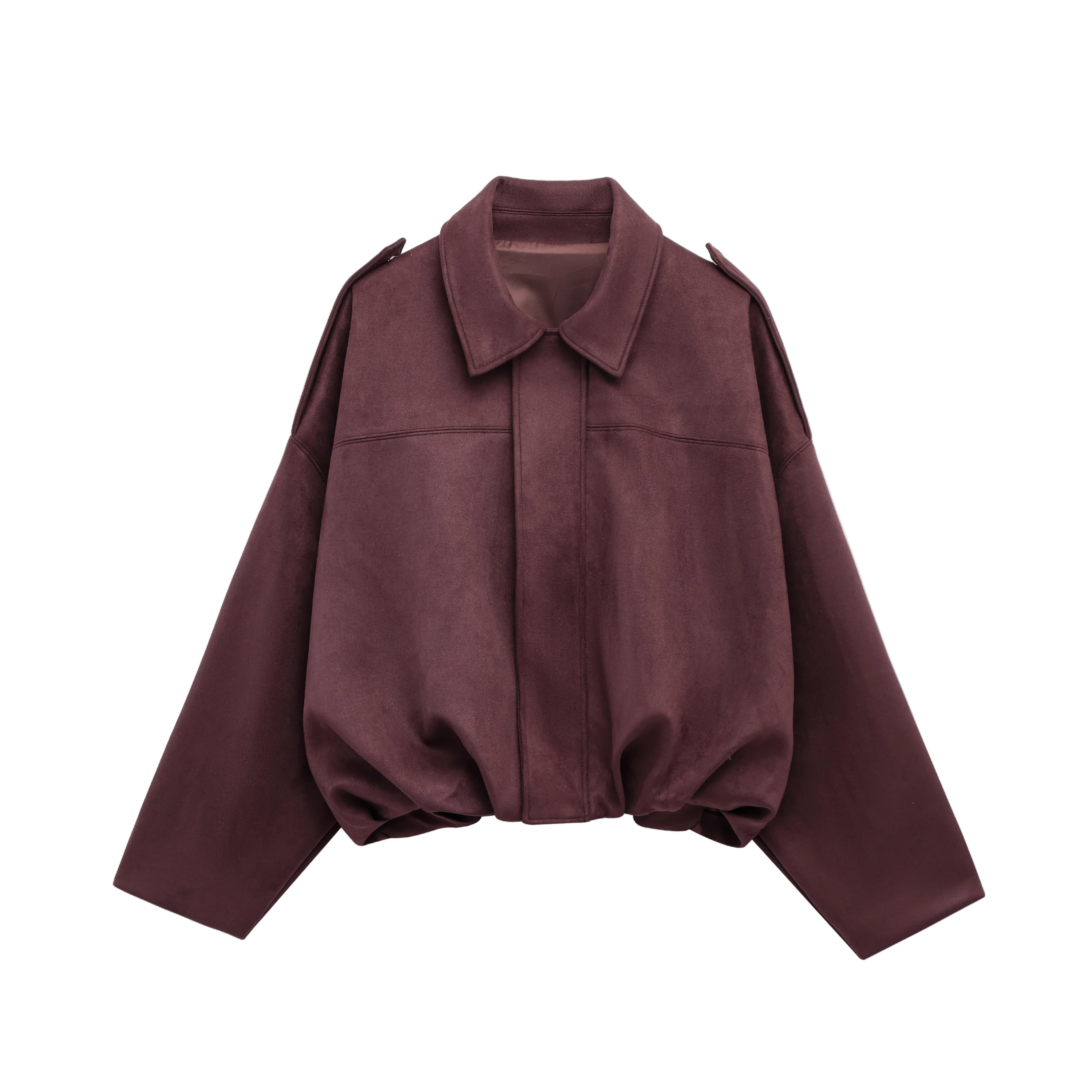 Effortlessly chic and oversized black bomber jacket with sophisticated collar and epaulet details.