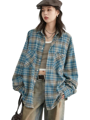 Style yourself in this oversized blue plaid flannel shirt, designed with a relaxed drop-shoulder fit for the perfect grunge-inspired streetwear aesthetic.