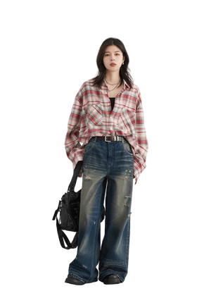Style yourself in this oversized blue plaid flannel shirt, designed with a relaxed drop-shoulder fit for the perfect grunge-inspired streetwear aesthetic.