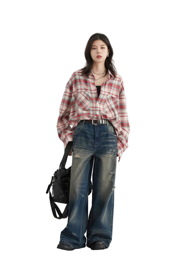 Style yourself in this oversized blue plaid flannel shirt, designed with a relaxed drop-shoulder fit for the perfect grunge-inspired streetwear aesthetic.