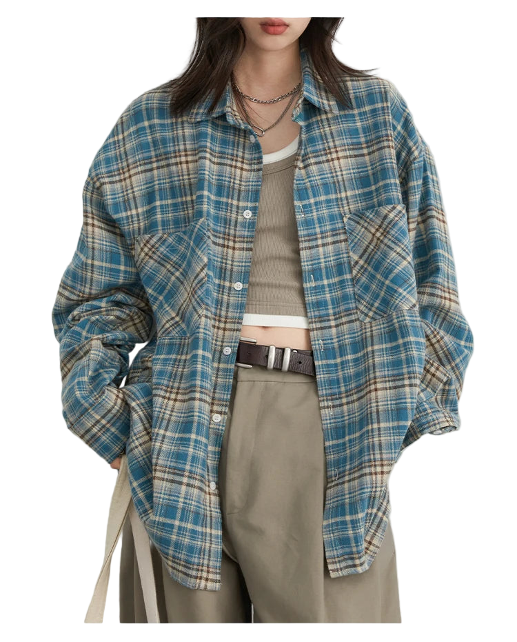 Style yourself in this oversized blue plaid flannel shirt, designed with a relaxed drop-shoulder fit for the perfect grunge-inspired streetwear aesthetic.