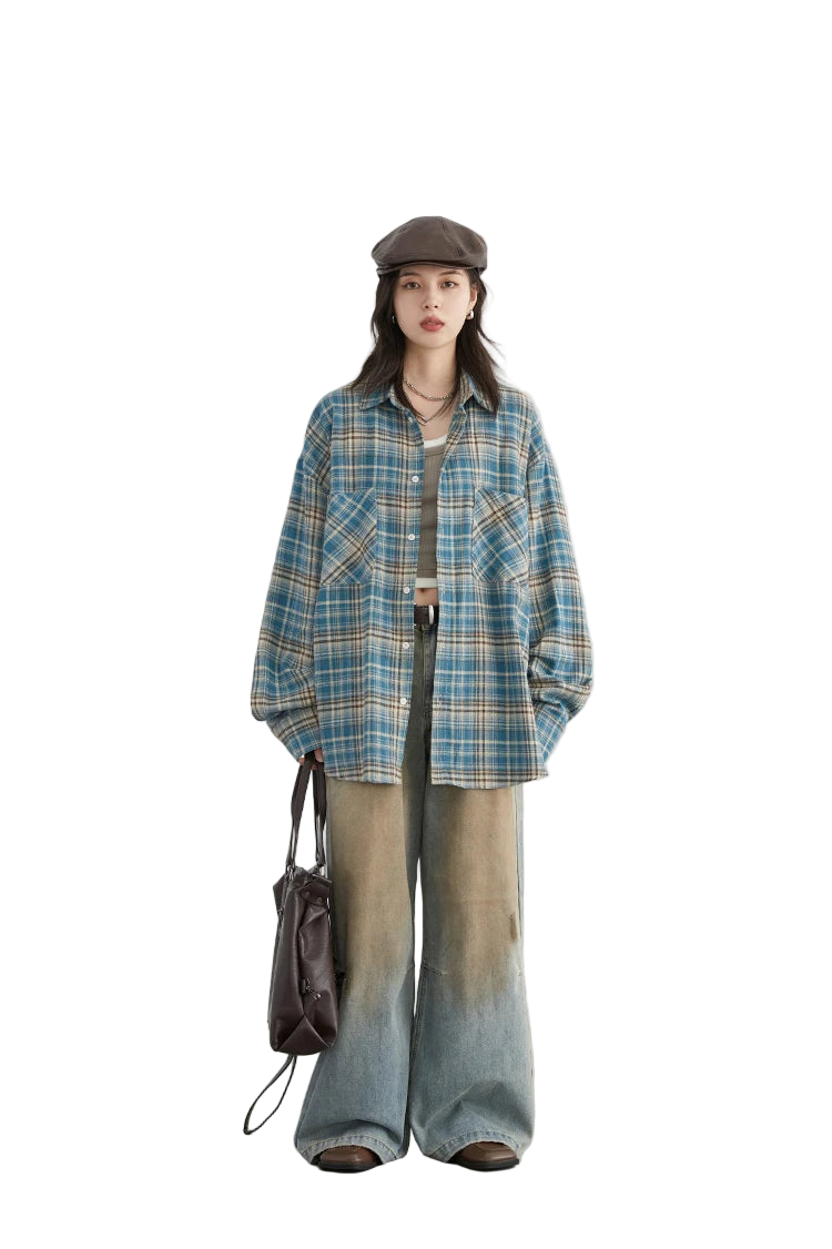 Style yourself in this oversized blue plaid flannel shirt, designed with a relaxed drop-shoulder fit for the perfect grunge-inspired streetwear aesthetic.