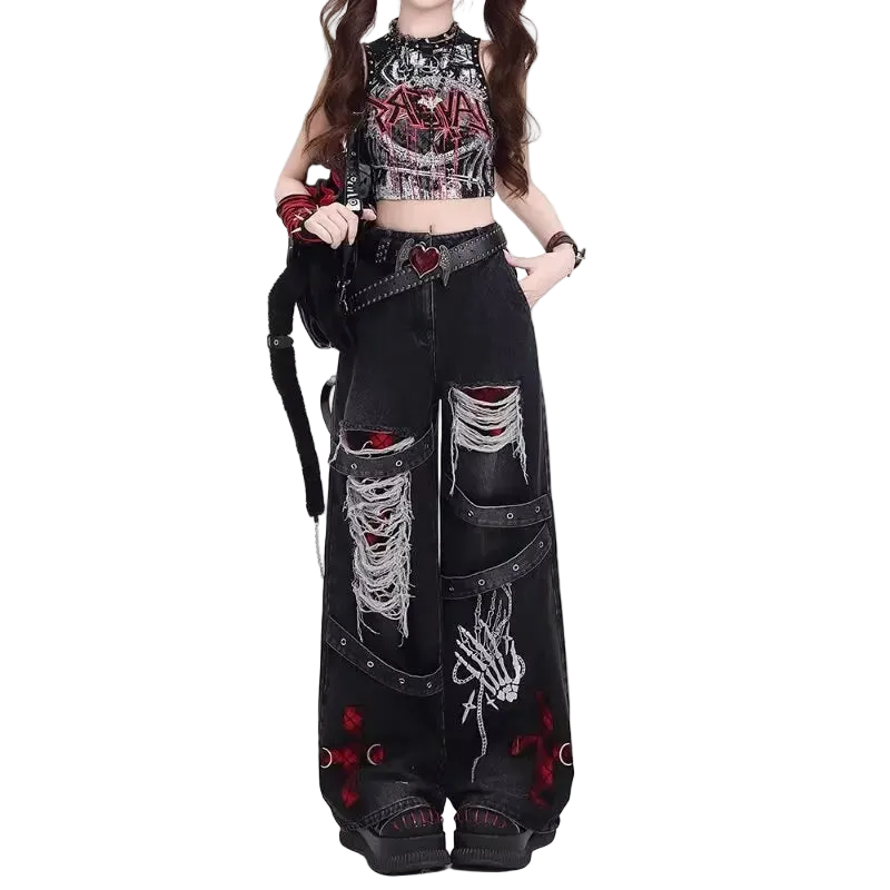 Person wearing a black outfit with red and white designs on a white background