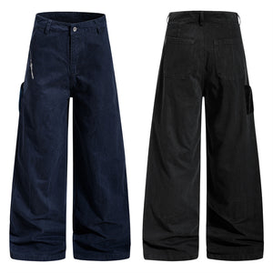 Navy and black wide-leg pants on a white background