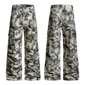 Pair of camouflage pants with a pattern of animals on a white background