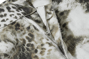 Close-up of a jacket with leopard print pattern and zipper detail.